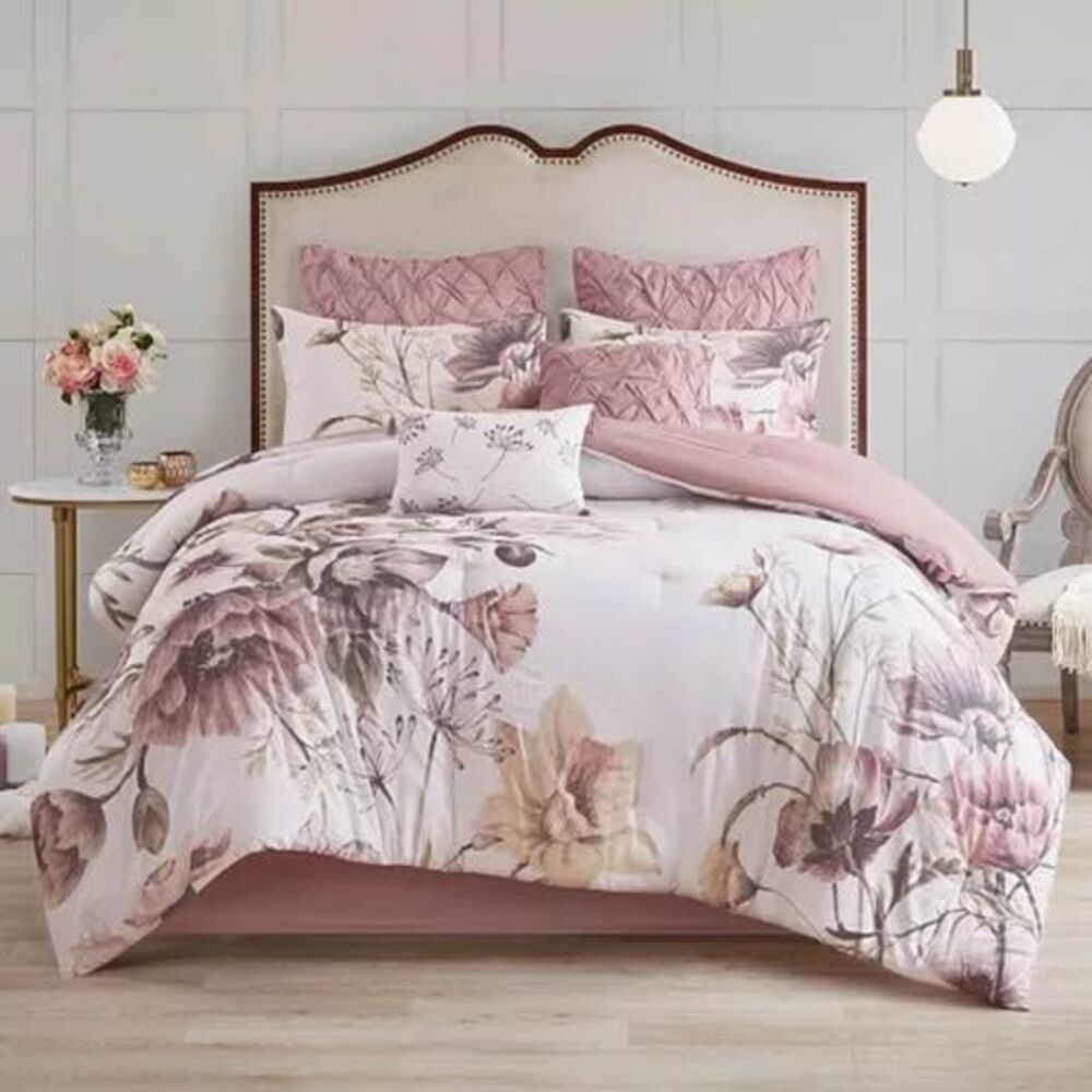 8 Pieces QUEEN Comforter Set Madison Park Pink White Floral NEW